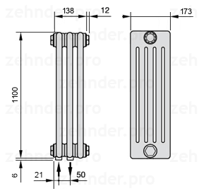 Схема (чертеж) Радиатор Zehnder Charleston 5110/3 №3370 Белый глянцевый RAL 9016